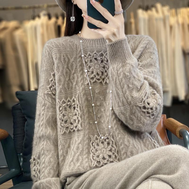 Women's Classic Round Neck 100% Pure Wool Knitted Sweater with Hollow Crochet Design Pullover.