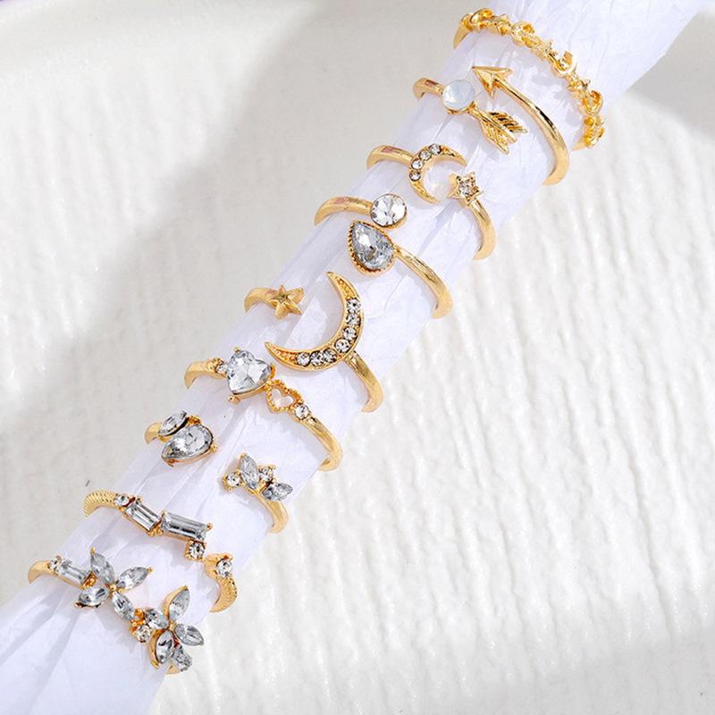 Ensemble de 9 bagues européennes et américaines pour femmes, motif amour, papillon, étoile, lune et diamant