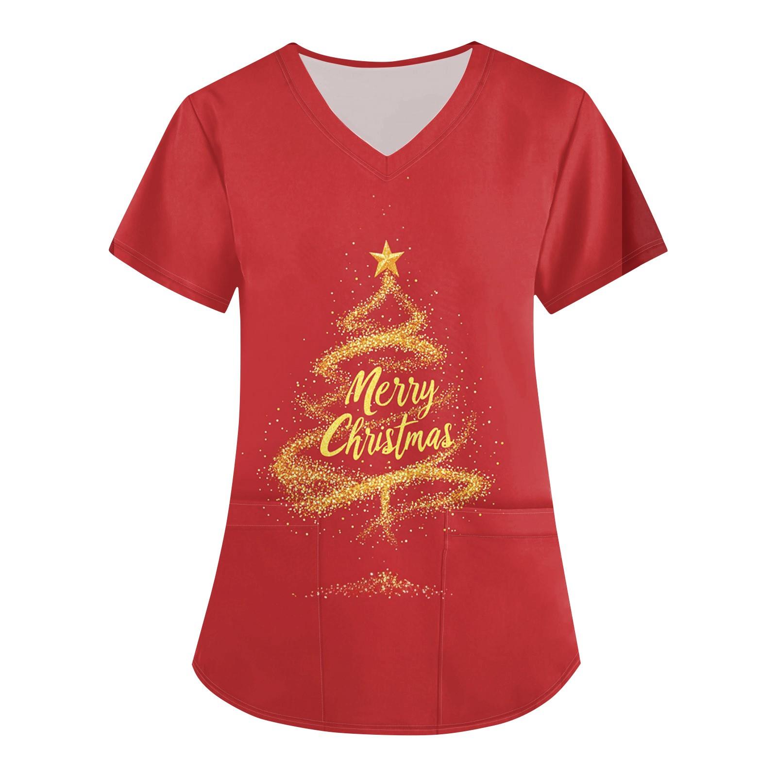 

Женская мода с рождественским принтом и короткими рукавами с v-образным вырезом, маленькая рабочая футболка с карманами S