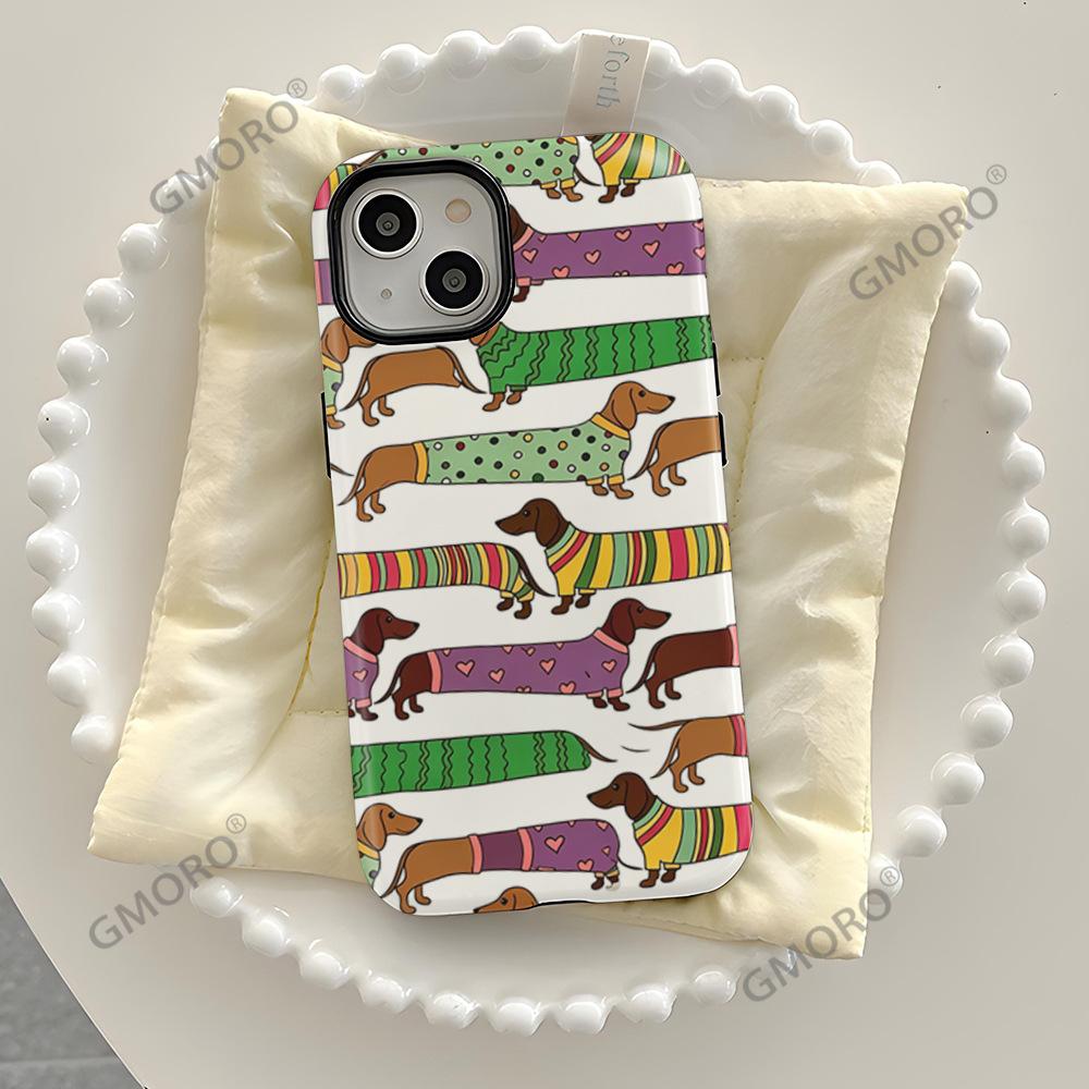 Korean soft cute cartoon dachshund dog striped apple 16e mobile phone case iPhone17pm anti-drop film case 14pro