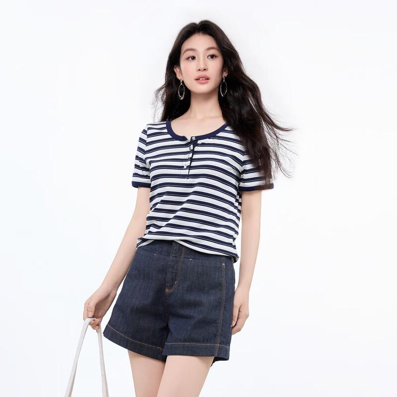 Qiusui Yiren Women's Color-block Striped Knit T-shirt