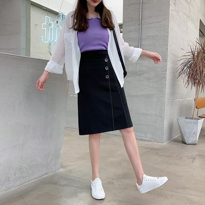 DIMANAF 2026 Summer New Plus Size Women A-Line Skirt Casual Button High Waist Skirts Black Fashion Lady Bottoms