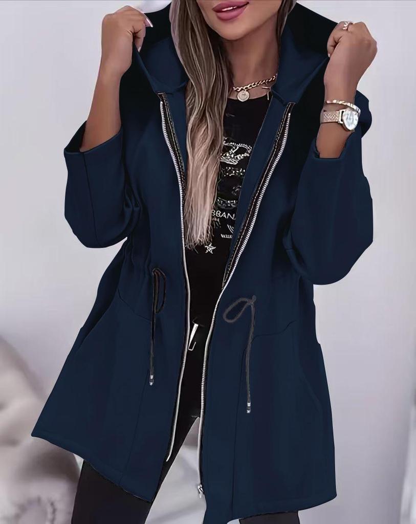 European & American Women's Fashion Zipper Hooded Mid-Length Jacket with Cinched Waist