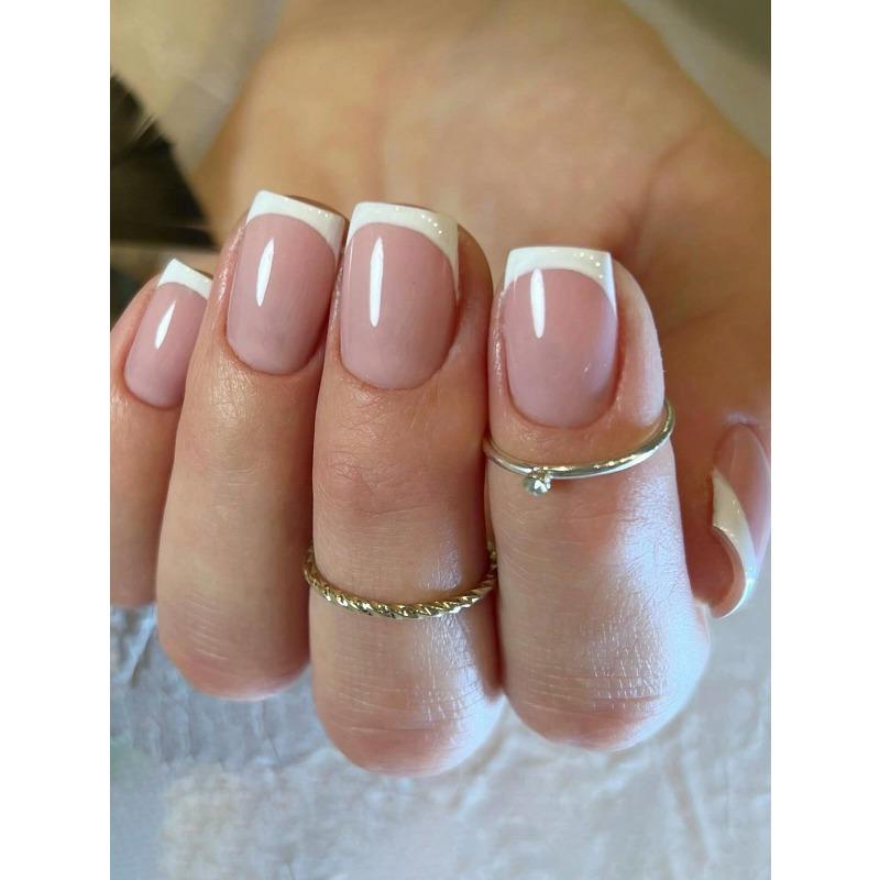 24pcs Short Square White French Style Fake Nail & 1pc Nail File & 1sheet Nail Tape French Tip Press On Nails Nail Supplies