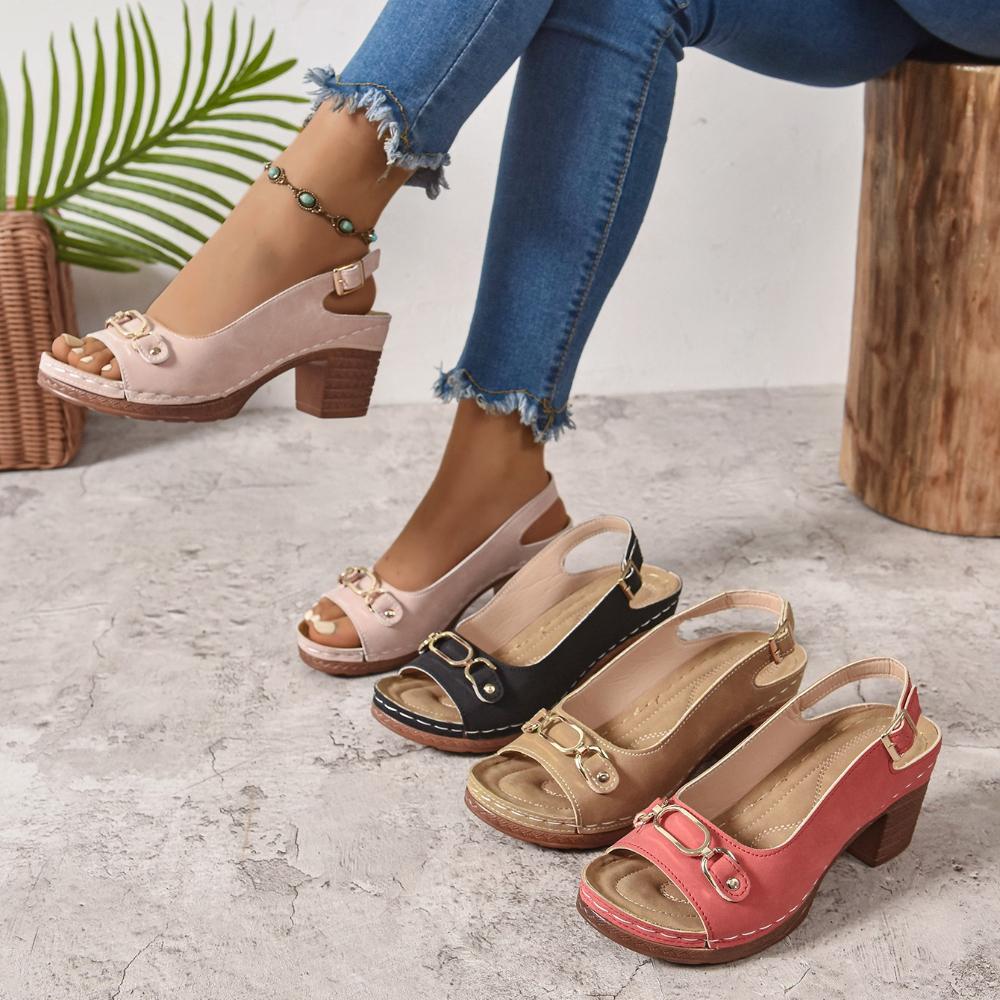 Elegant Ladies Peep Toe Pumps Summer Fashion Back Strap High Heels Shoes Woman Fashion Metal Buckle Comfortable Sandals