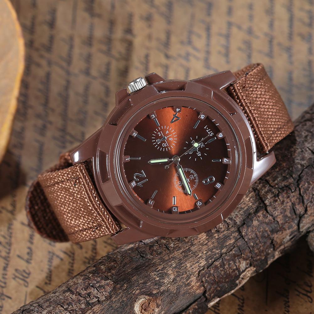 Electronic Analog Wrist Watch Round Nylon Strap Military Wristwatch (Coffee)