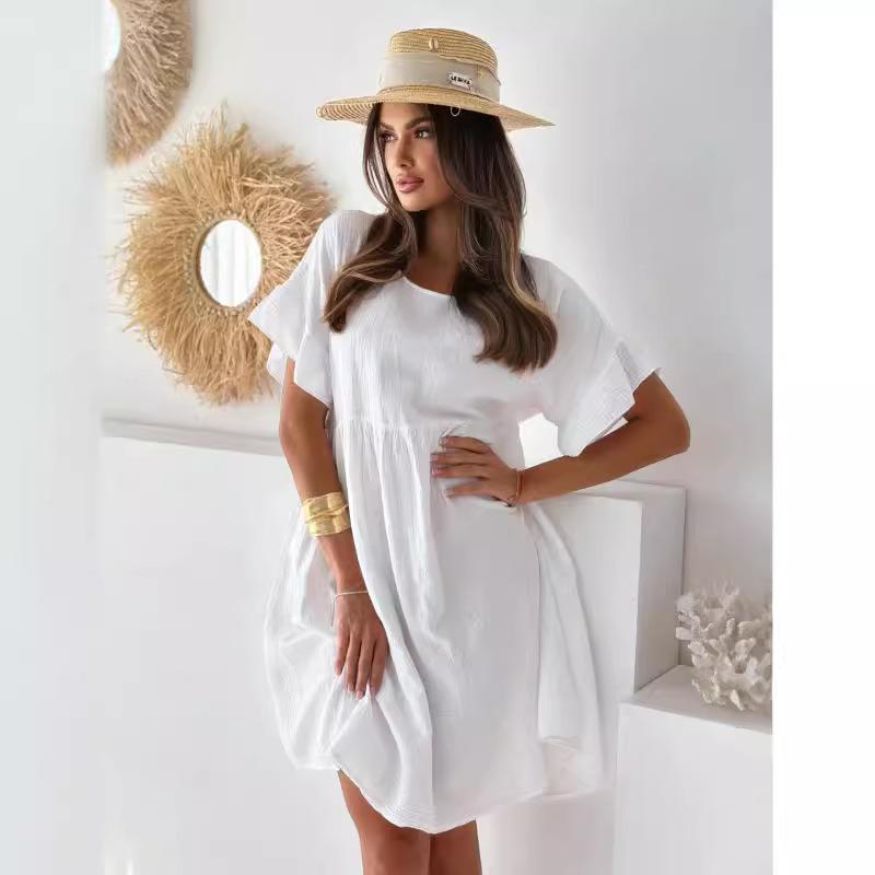 Autumn hot sale new women's clothing round neck short sleeve solid color pleated loose dress