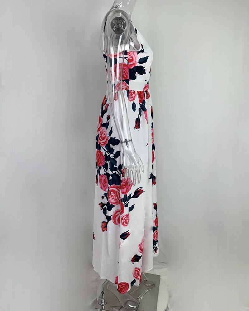 Women's 2024 Summer V-Neck Print Corset Party Dress with Full Skirt