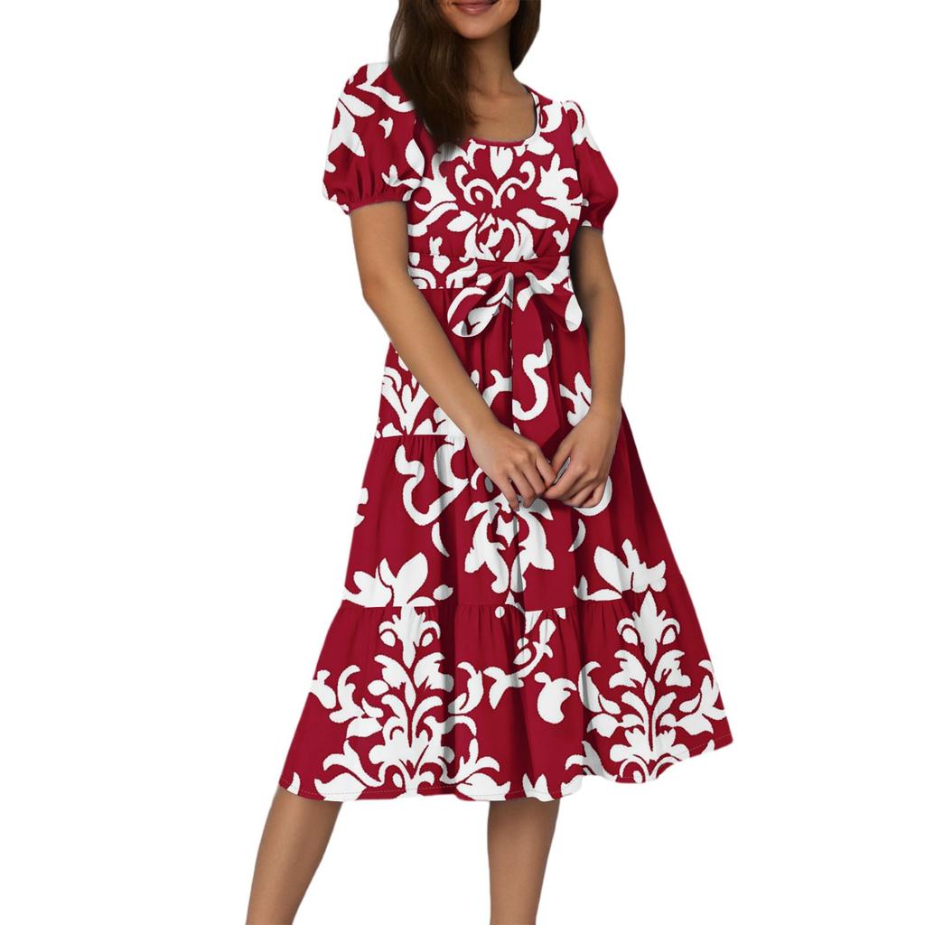 Women's Summer Floral Print Short Sleeves Neck Waistband Bohemian Flowy Maxi Dress With Pockets