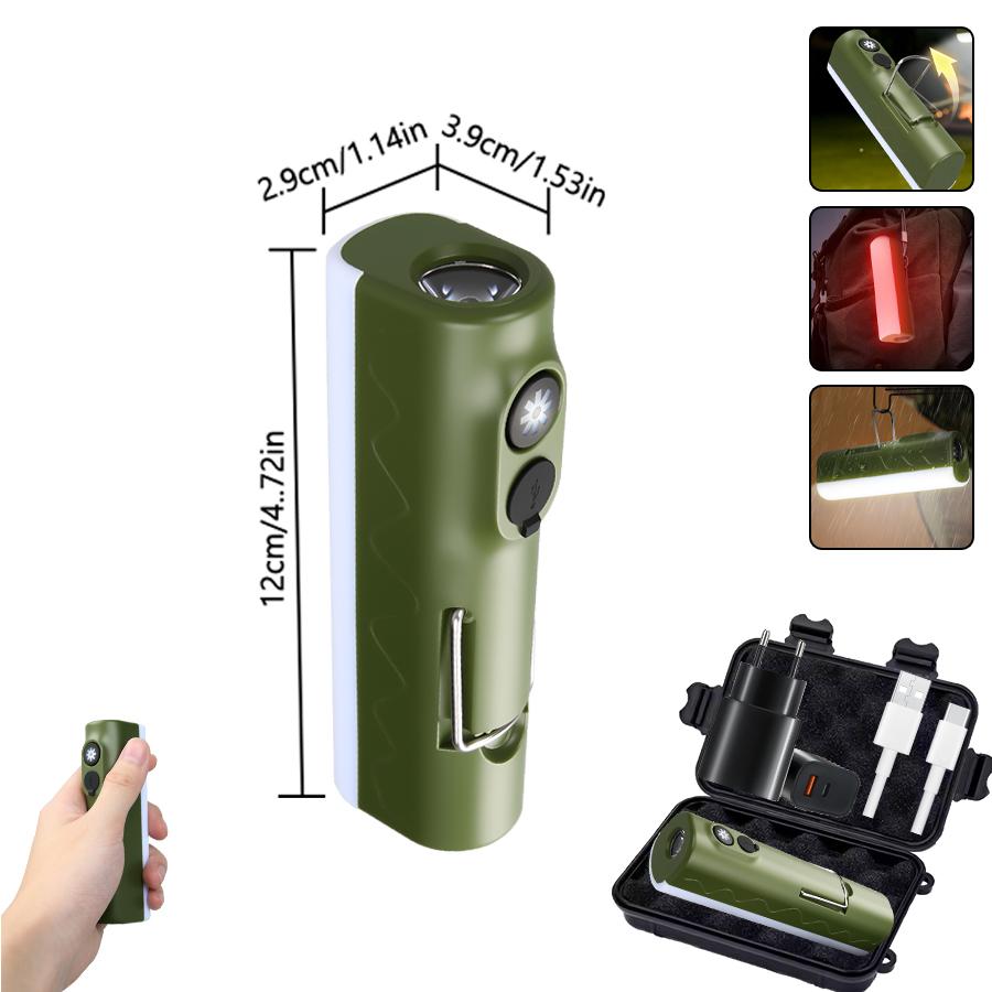 Dual Light Multi-functional Camping Flashlight Rechargeable Light RGB Waterproof Torch with Hook for Hiking Fishing Emergency