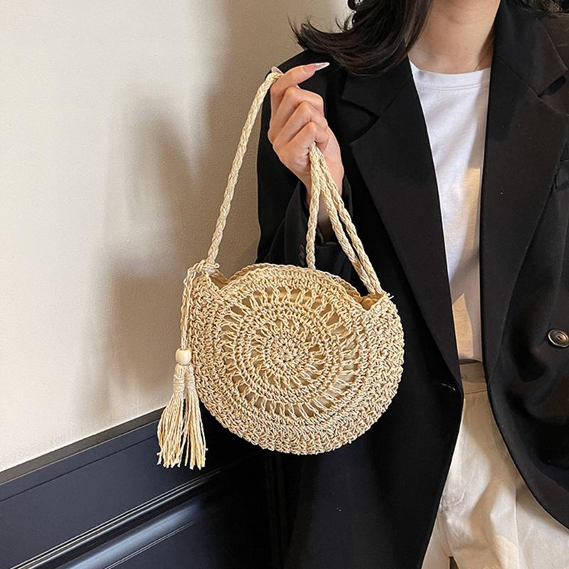 Women Hollow Straw Bag Circle Rattan Bag Round Soft Paper Rope Shoulder MessengerBag Tassel Summer Beach Handmade Crossbody Bags