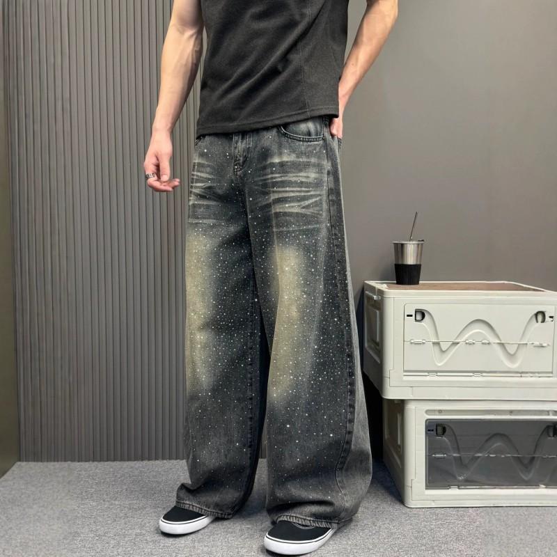 Unisex Wide Leg Straight Cut Distressed Washed Denim Jeans With Rhinestone Stars Whiskering Detail