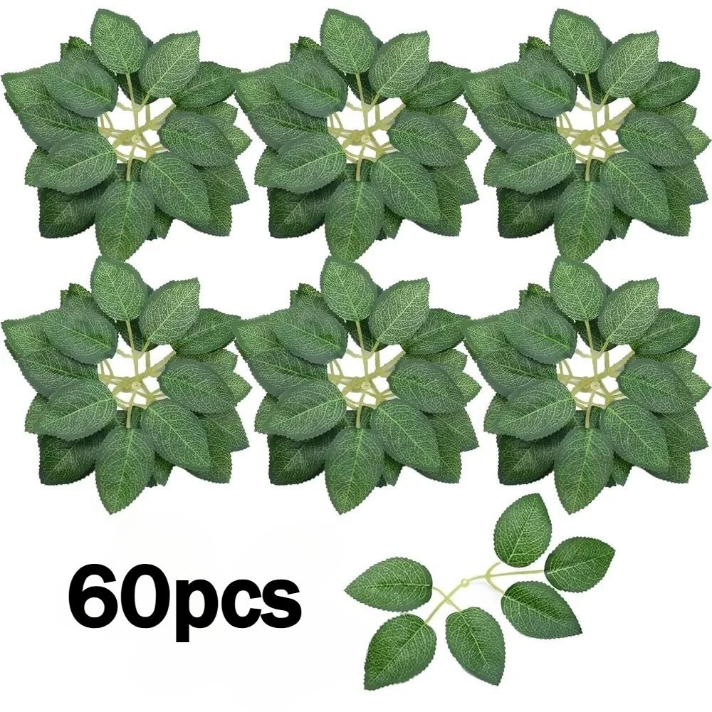 60pcs Rose Leaves Artificial Greenery Fake Rose Flower Leaves for DIY Wedding Party Decor Rose Vine Wreath Garlands Supplies