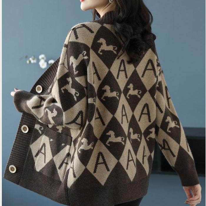 Women's Plus Size Knitted Cardigan Sweater Spring Autumn V-Neck Printed Knit Sweater Jacket Casual Loose Knit Jacket