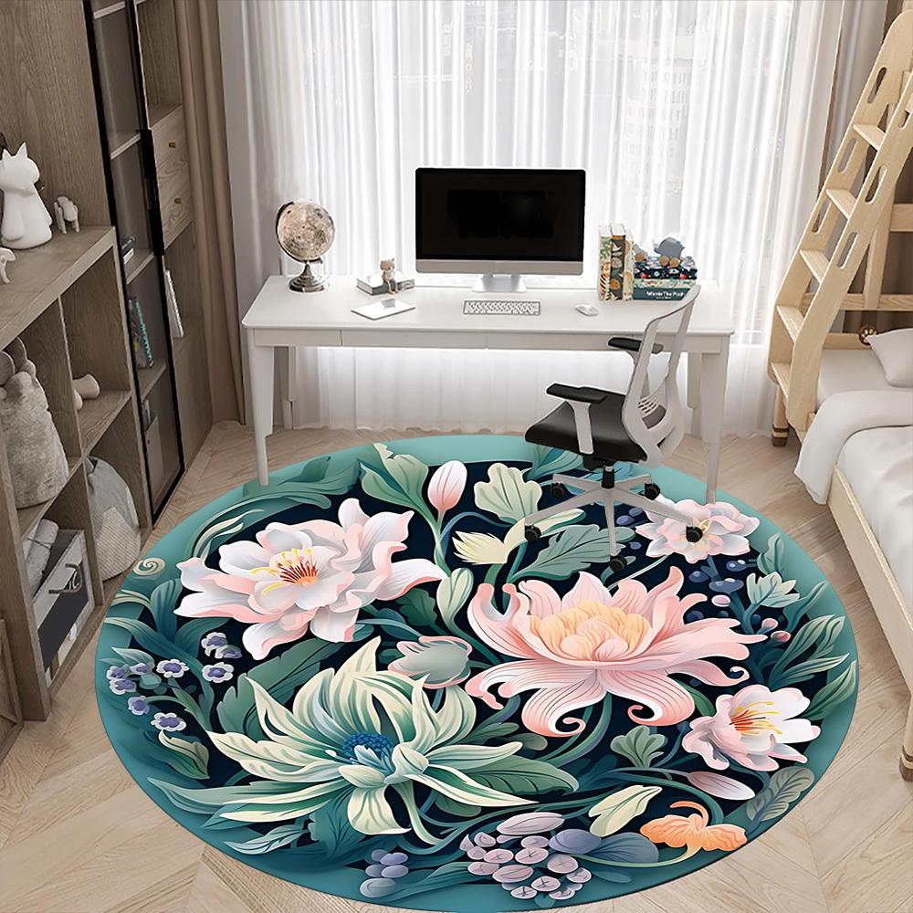 1pc Floral Garden Office Round Area Rug, Indoor Mat Suitable For Office, Under Office Chairs Bedroom Living Room Home Decor, Room Deco