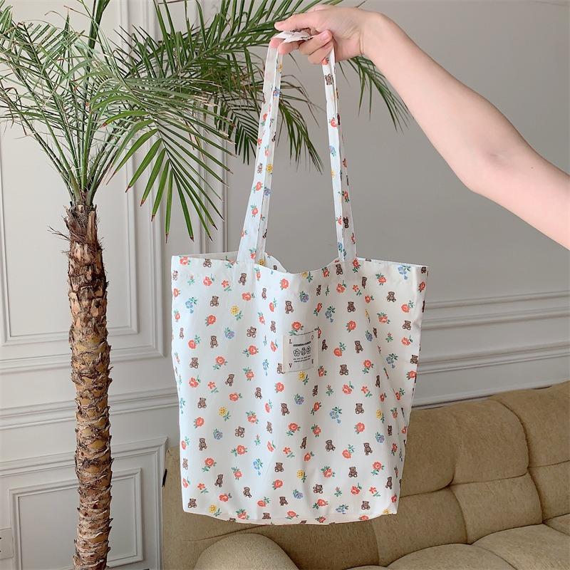 1 New Tote Bag Large Capacity Floral Canvas Shoulder Bag Portable Girl Student Shopping Bag