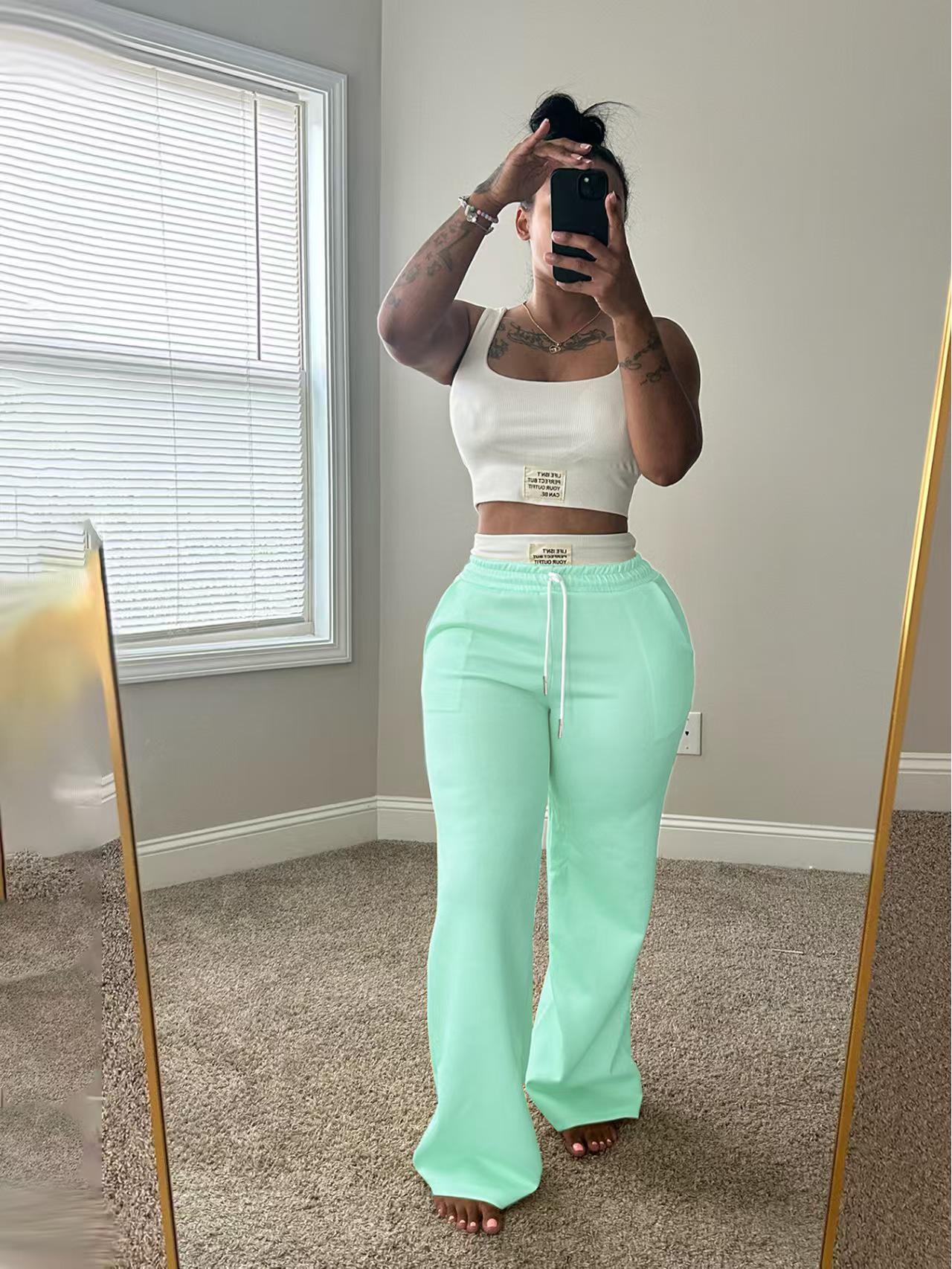 

Women s Color-block Double Waist Loose Sports Streetwear Two-piece Set Medium бірюзовий