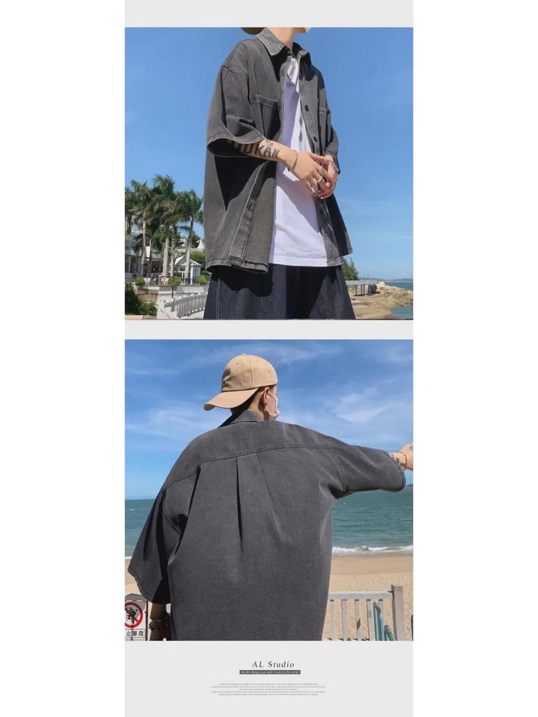 Herren Kurzarm Sommer Arbeitskleidung Denim Hemd - Trendiger Japanischer Hongkong Stil