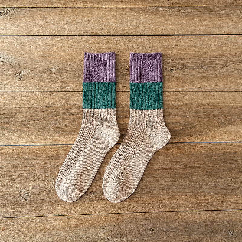 Female Autumn and Winter Retro Warm Match Color In The Tube Pile Pile Cotton Socks