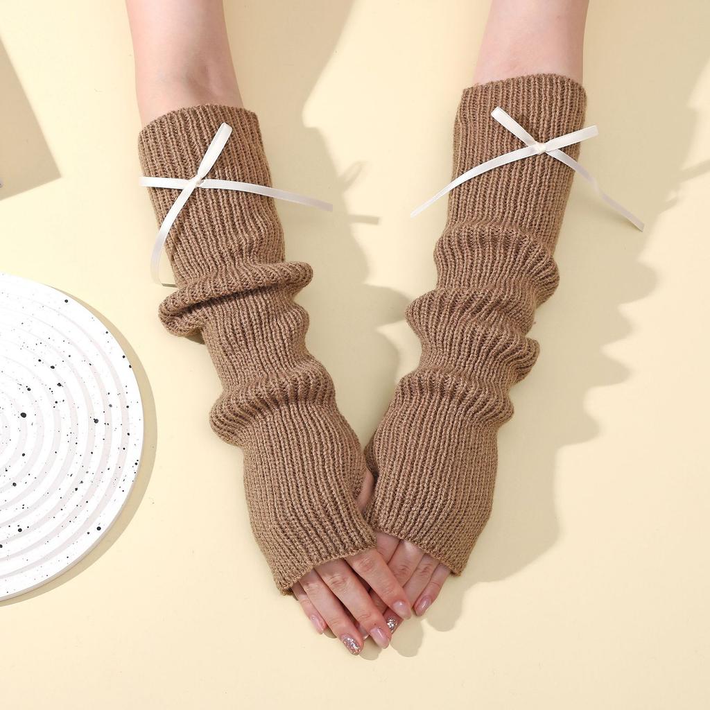 Fine Lined Bow Knot Fingerless Pile Gloves for Women In Autumn and Winter College Style Sleeves Knitted Warm Fake Sleeves