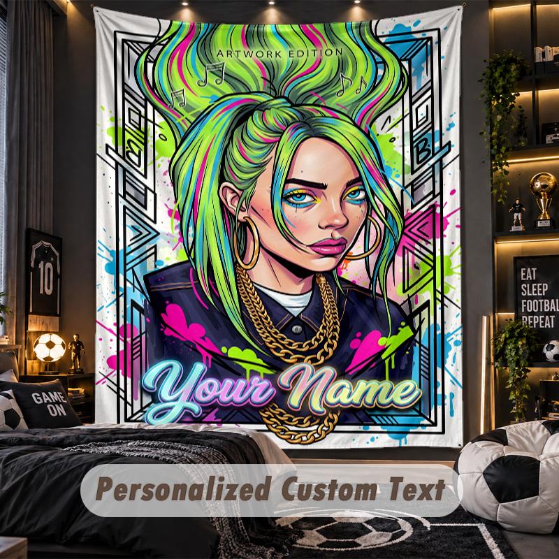 Personalisierte Wandtapisserie, Billie Eilish Individuell Bedruckter Name, Stoff-Wandkunst für Innenraum-Hintergrund