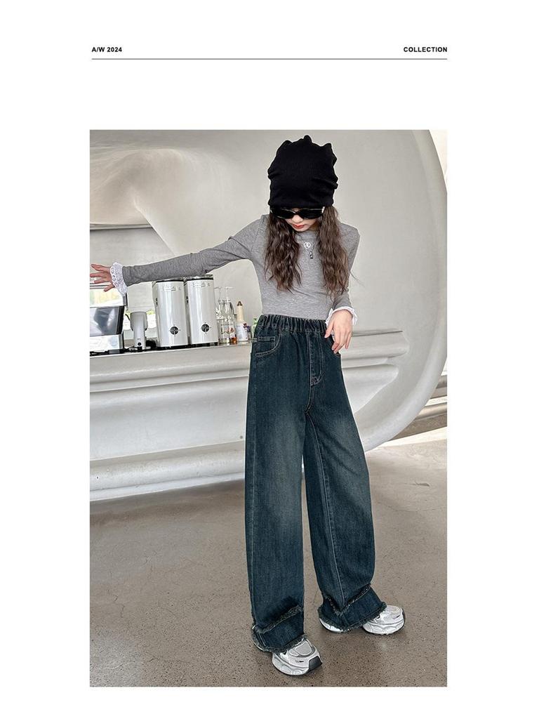 2025 Dżinsy z szerokimi nogawkami dla dziewcząt – Styl wiosenno-jesienny, Luźne spodnie z prostymi nogawkami dla dzieci