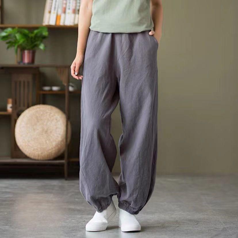 Cotton and Linen Literary Retro Bloomers Women's Spring and Summer Leggings Loose Solid Color All-match Casual Trousers