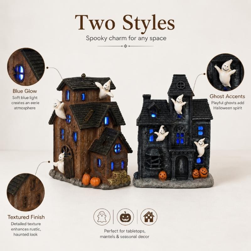 Halloween Light-Up House Ornament, Resin Building with White Figures and Gourd Motifs for Seasonal Display Scenes