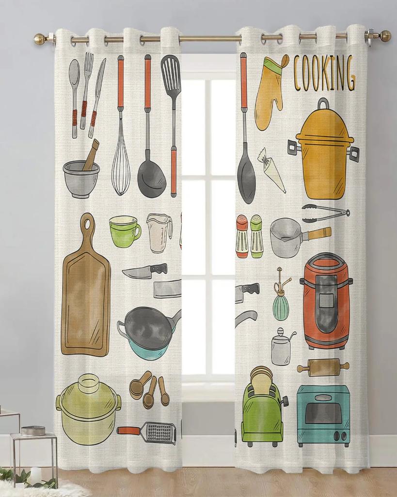 2Panels Chiffon Sheer Curtain Kitchen Curtain Kitchenware Chef Print Voile Tulle Cortinas for Kitchen LivingRoom Window Cortina