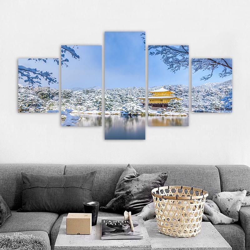 5-teilige Winterlandschaft Poster Park Schnee Szenerie Cuadro Leinwanddrucke Wandkunst für Wohnzimmer Dekorative Gemälde Ohne Rahmen