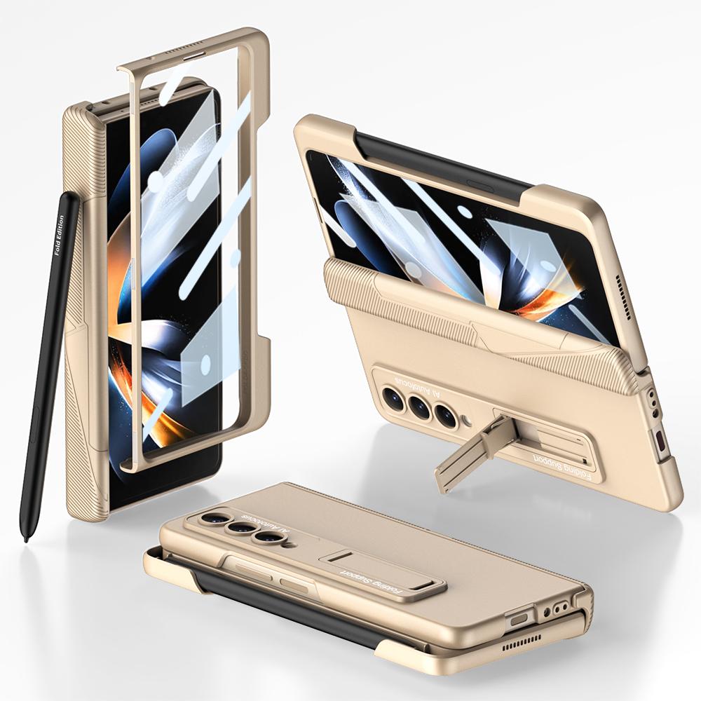 For Samsung Galaxy Z Fold 4 Case Ultra Thin Matte Magnetic Folding Hinge Kickstand With Side Pen Slot Tempered Film Hard Cover