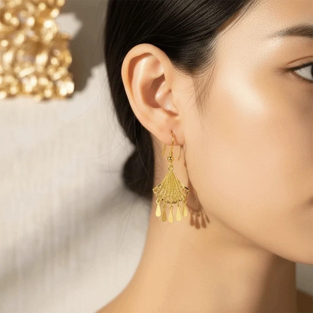 1 pair Temperament Fan Shaped Tassel Earrings Zinc Zinc Alloy Peacock Earrings Thai Golden Eardrops  Women