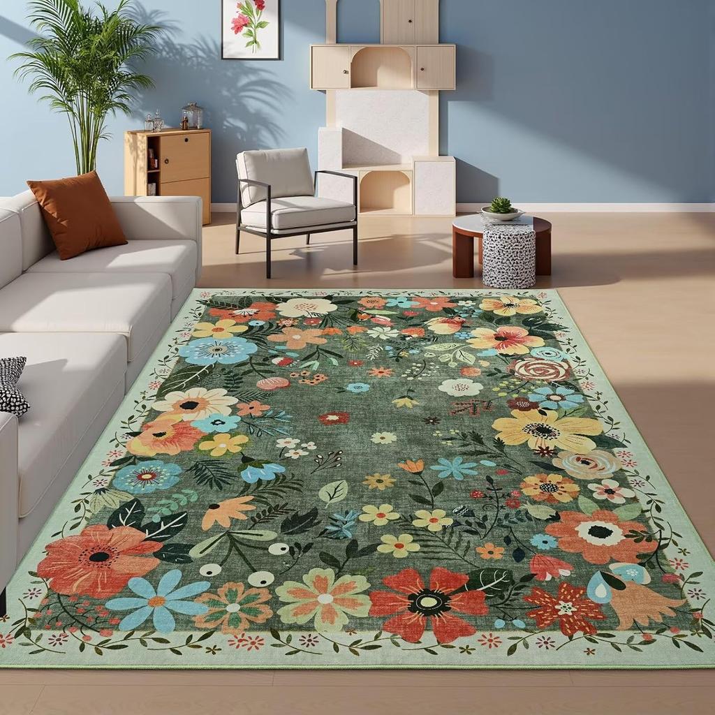 Sage Green Floral Area Rug, Washable Low Pile Carpet, Soft Non-Slip Mat for Living Room Bedroom Entryway