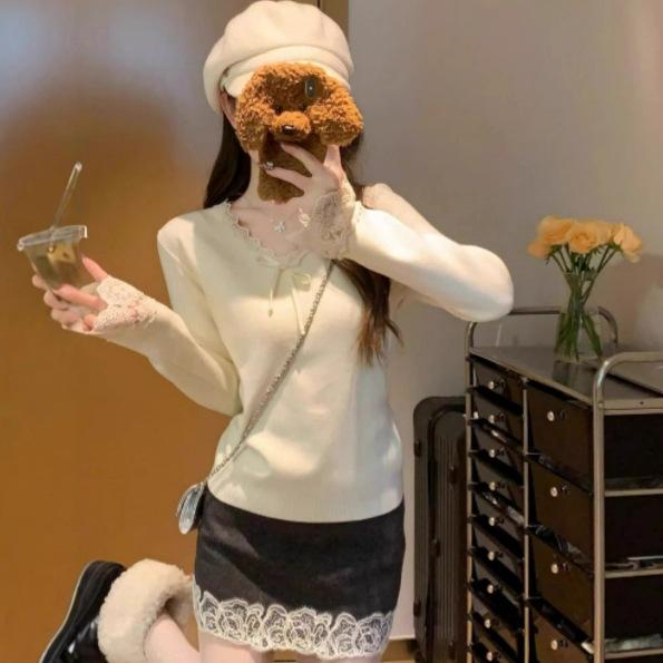 Korean v-neck lace splicing bow lace-up sweet primer women s autumn new pure desire knitted sweater One Size