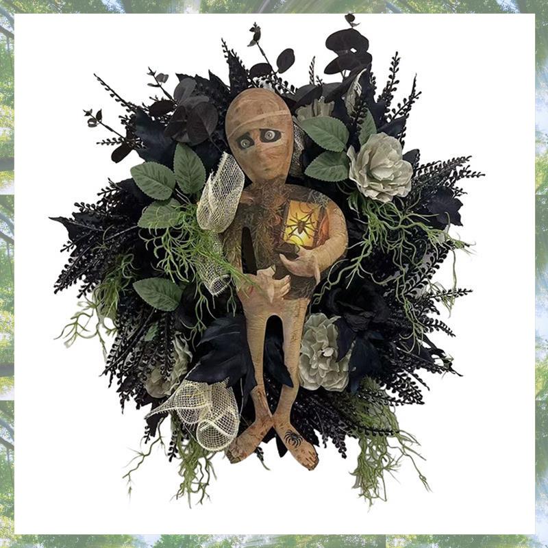 Premium-1 Piece New Halloween Mummy Wreath For Front Door Mummy Halloween Wreath Scary Halloween, Halloween Skull