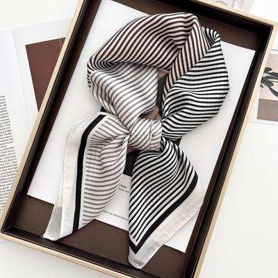 Luxury  Stripes Print Square Scarf Elegant Ladies Soft Satin Shawl Stylish Women'S Decorative Bandana