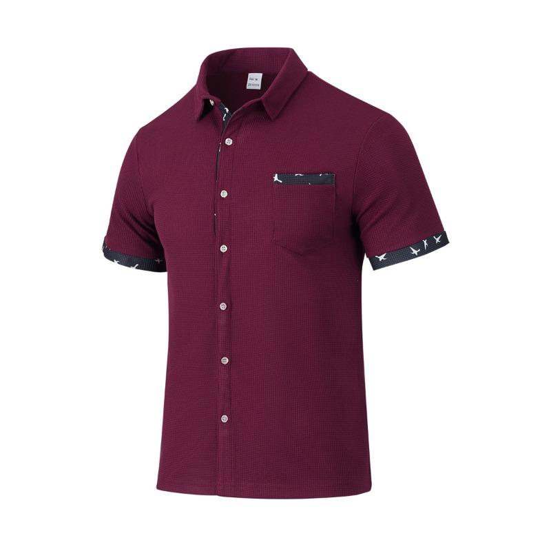 Camicia da uomo a maniche corte con revers, tessuto a quadretti fini, inserto con stampa di uccelli, bottoni, casual, top estivo quotidiano