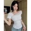 Korean Slanted Shoulder Mesh Splicing Short-sleeved T-shirt for Women's Summer Slim and Thin Design, Spice Girl Pure Desire Off-the-shoulder Top