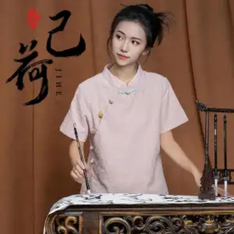 Women Light Blue Linen Mandarin Collar Frog Button Cheongsam Blouse M розовый