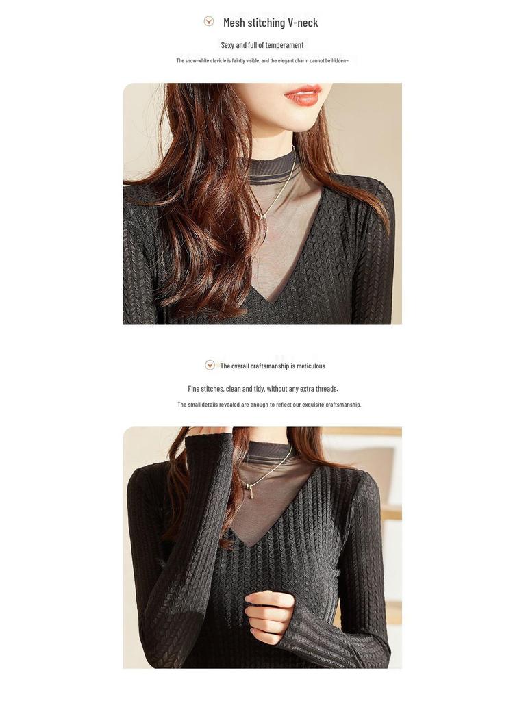 2023 Women's Autumn Long-Sleeve Lace Mesh Top with Half-High Collar