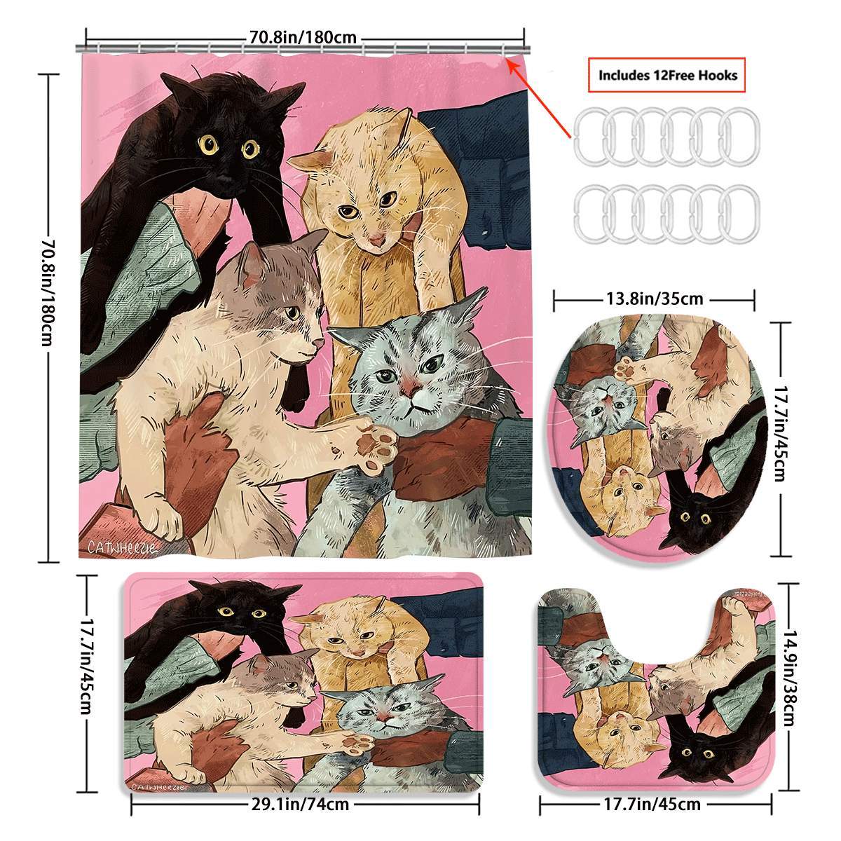 

Милий Набір для Ванної Кімнати з Сімейством Котів: Водонепроникна шторка для душу, м який контурний килимок, стильний чохол на кришку унітазу, нековзкий килимок для ванни