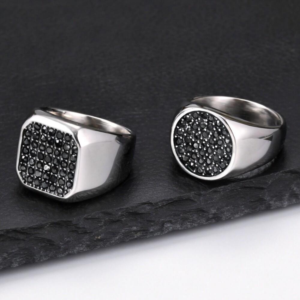 Black Zircon Signet Ring for Men Boys,Waterprfoof Stainless Steel Statement Ring,Punk Hip Hop Jewelry Birthday Party Gift