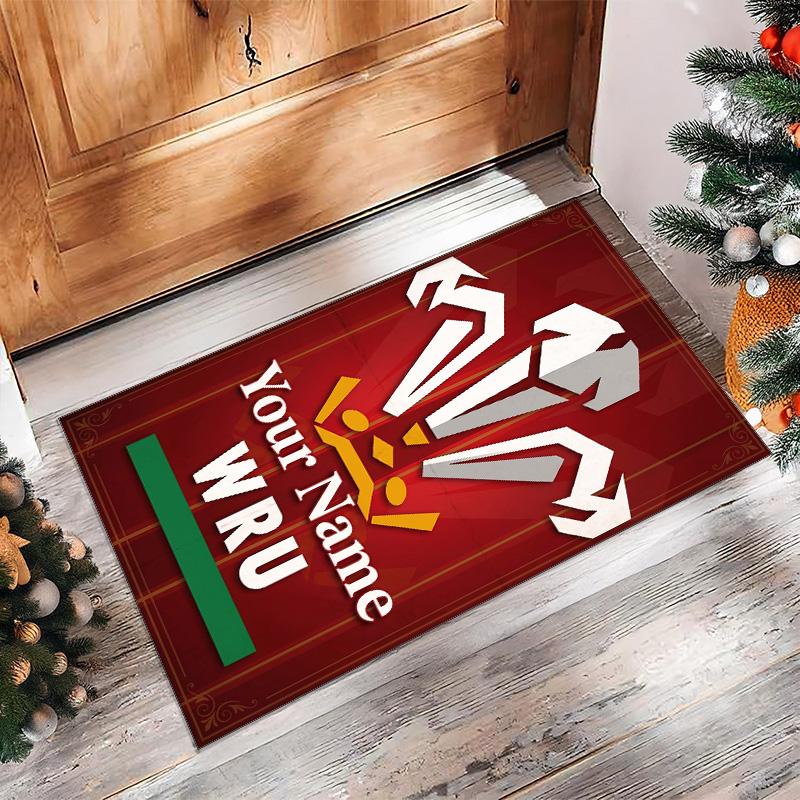 Wales Rugby Crystal Velvet Rug, Custom Name Text Personalized Non‑Slip Floor Mat for Home Decor Gift