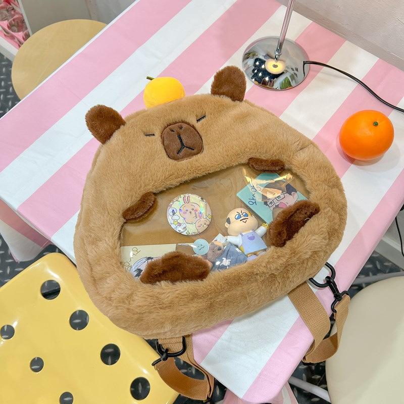 Cute Cartoon Capybara With Transparent Layer Can Hold Badge Plush Backpack