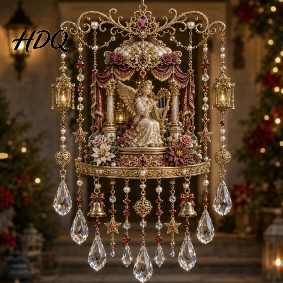 Clear Faceted Crystal Pendant Christmas Wind Chime with Bead Chain Cat Car/Owl Xmas Tree Ornaments Pattern Design Retro Hanging Ornament for