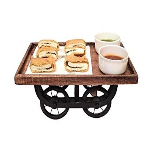 23 Cm Wood Serving Rectangular Tray With Moveable Wheels