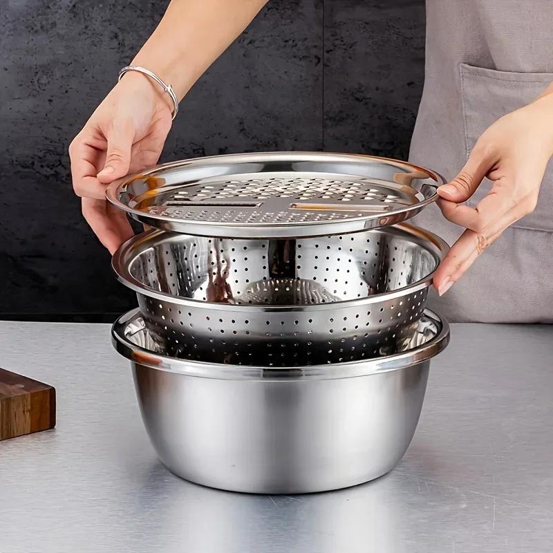 3 Piece Stainless Steel Mixing Bowl Set with Multifunctional Strainer for Fruit Veg Wash Slice