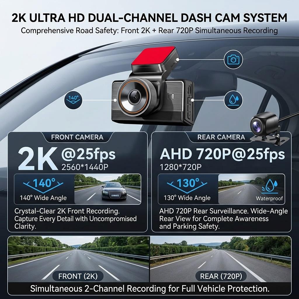 4G 2K Dual-Lens Dash Cam, 3-Inch Screen, WiFi, GPS Tracking, Remote Live Video Via Phone, 12-24V Power Supply, Car Camera