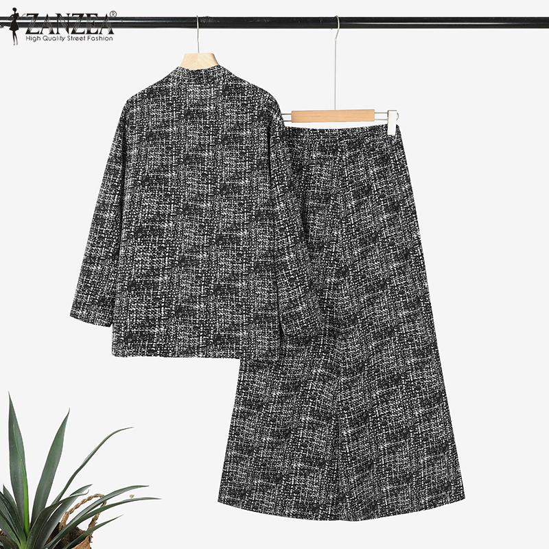 ZANZEA Women Long Sleeve Blouse and Pants Retro Print Casual Two Piece Suit Sets