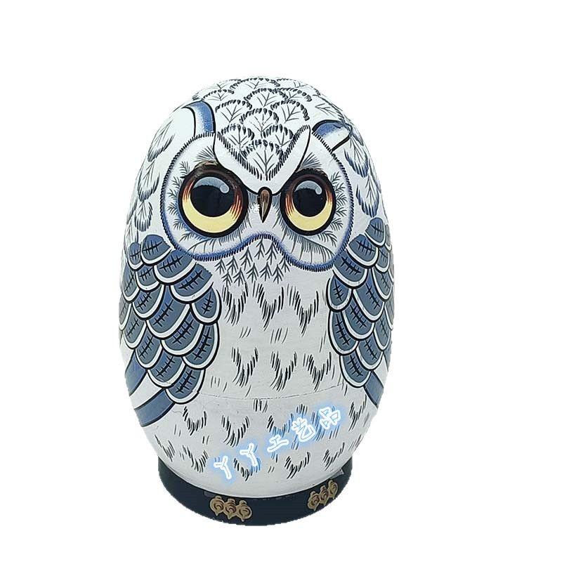 Egg Owl Russian Nesting Dolls - Five-Layer Wooden Toy & Ornament for Kids' Birthday or Christmas Gift.